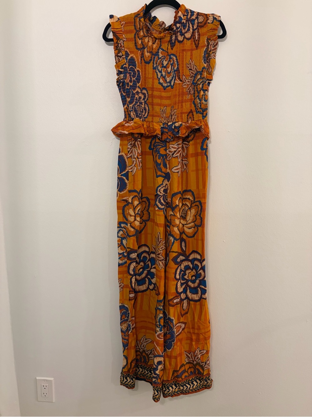 NWT Farm Rio x Anthropologie Orange Motif Smocked Wide Leg Jumpsuit